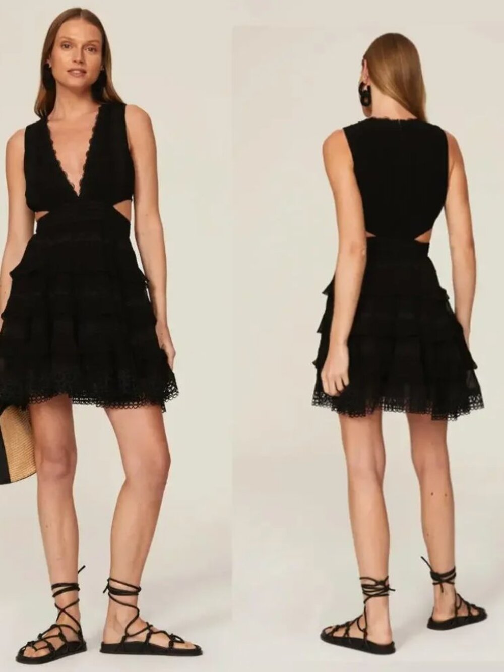 Rococo Sand Tessa Lace Tiered Mini Dress Cutouts Black Plunge Sundress Party LG